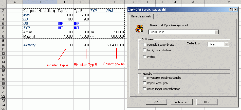 Fig. 9 - Der Optimierungsdialog und das Ergebnis