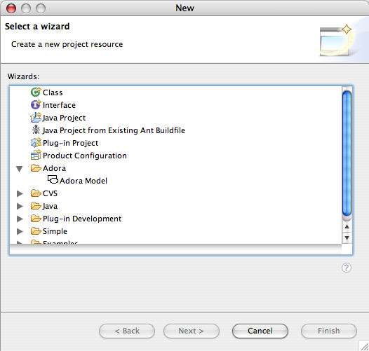 Screenshot of the new ADORA Model wizard, first page.