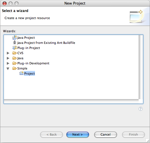 Screenshot of the new project wizard, first step.