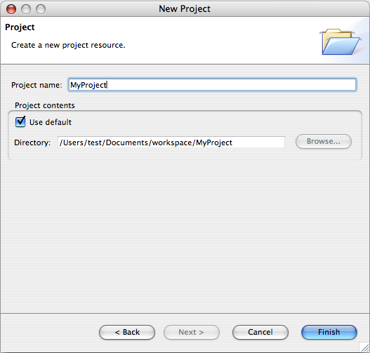 Screenshot of the new project wizard, second page.